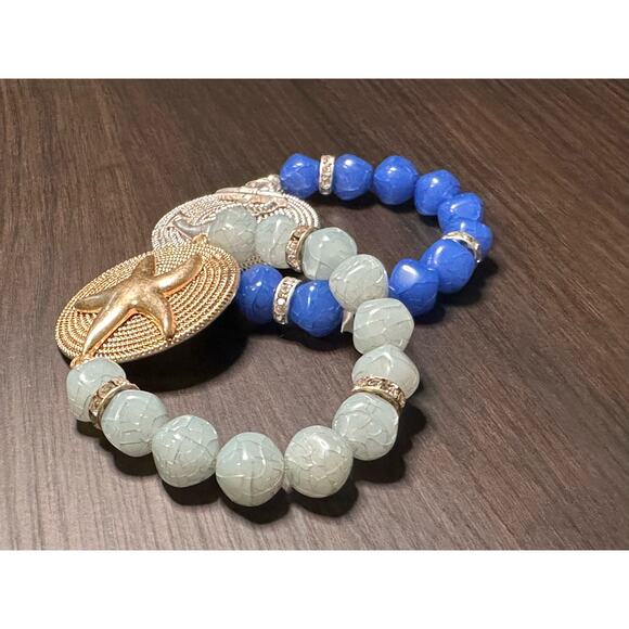 Pair of Coastal Beaded Bracelets Banded Anchor Starfish Fashion Jewelry - Picture 9 of 11